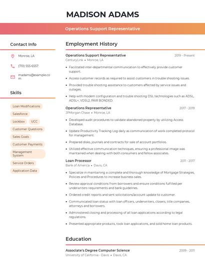 Operations Support Representative Resume