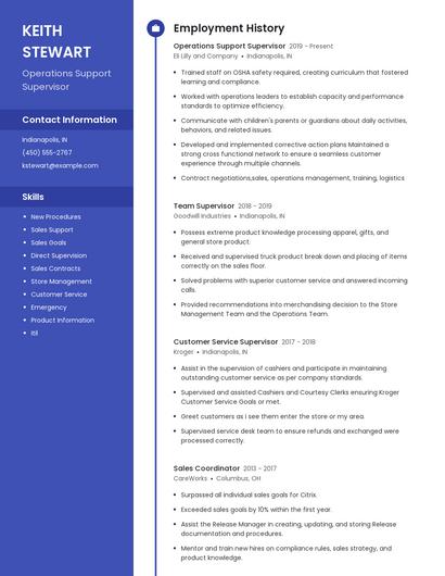 Operations Support Supervisor Resume