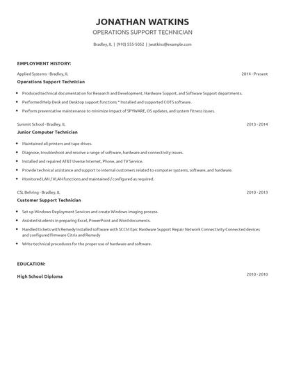 Operations Support Technician Resume