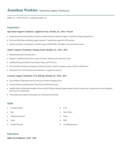 Operations Support Technician Resume