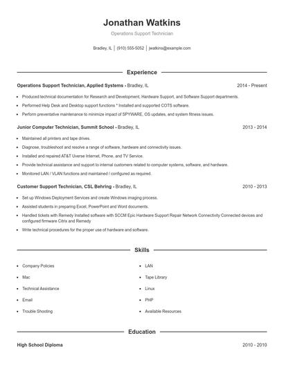 Operations Support Technician Resume