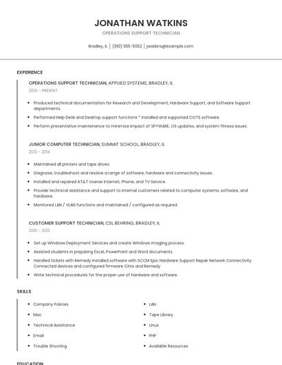 Operations Support Technician Resume