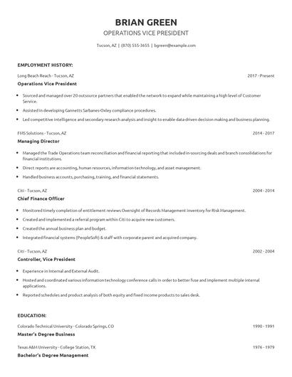 Operations Vice President Resume