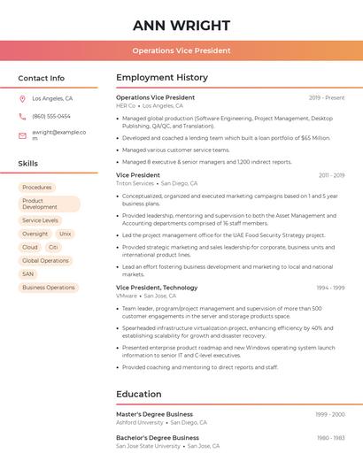 Operations Vice President Resume