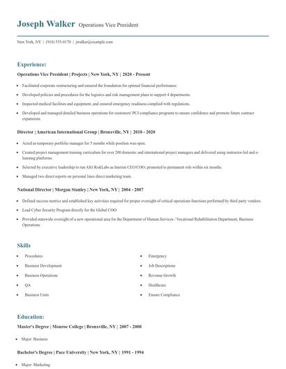 Operations Vice President Resume