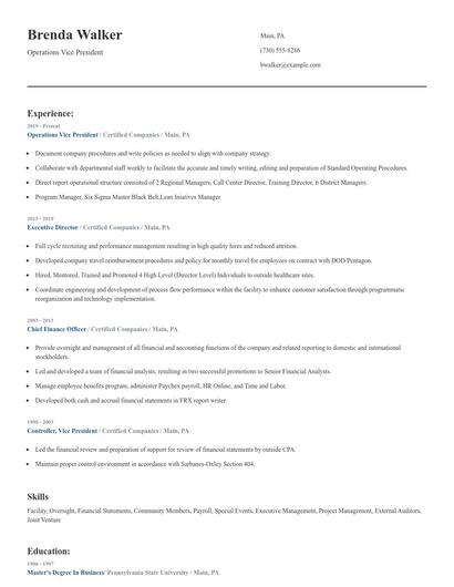 Operations Vice President Resume