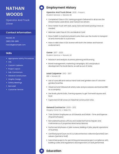 Operator And Truck Driver Resume