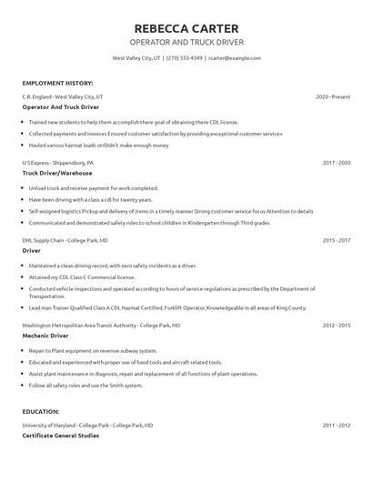 Operator And Truck Driver Resume