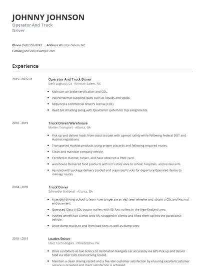 Operator And Truck Driver Resume