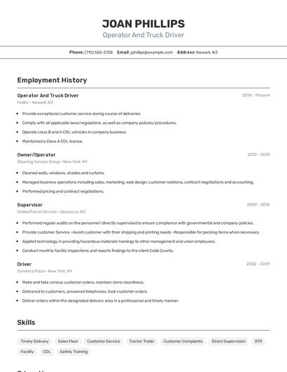 Operator And Truck Driver Resume