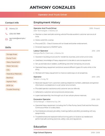 Operator And Truck Driver Resume