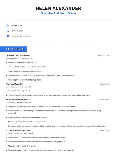 Operator And Truck Driver Resume