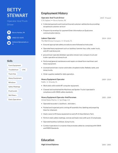 Operator And Truck Driver Resume