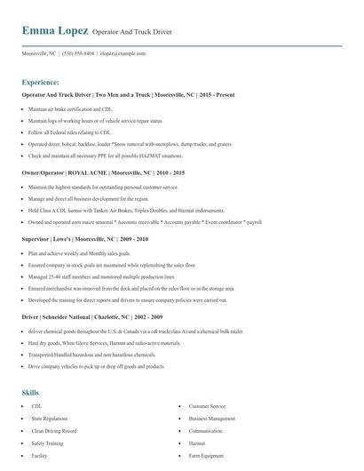 Operator And Truck Driver Resume