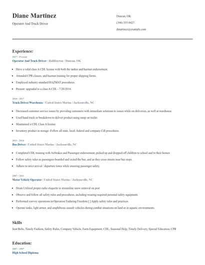 Operator And Truck Driver Resume
