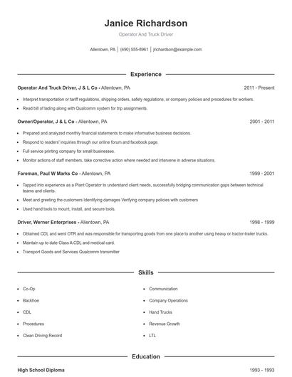Operator And Truck Driver Resume