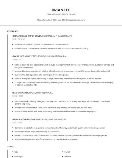 Operator And Truck Driver Resume