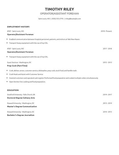 Operator/Assistant Foreman Resume