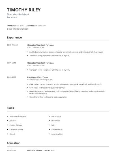 Operator/Assistant Foreman Resume