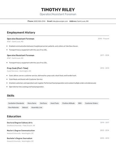 Operator/Assistant Foreman Resume