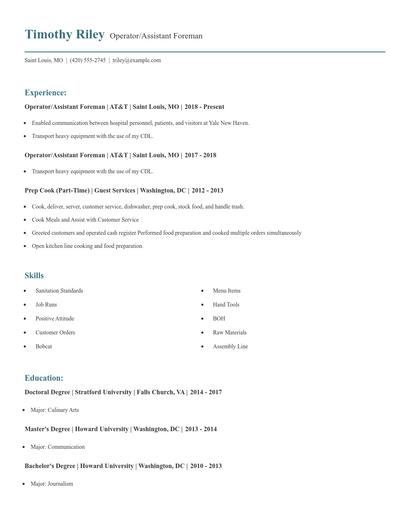 Operator/Assistant Foreman Resume
