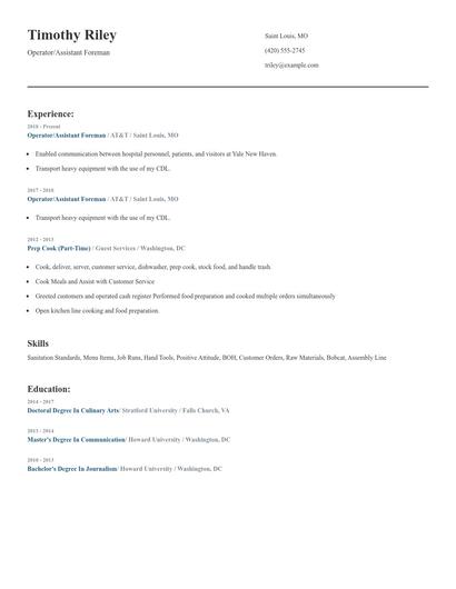 Operator/Assistant Foreman Resume