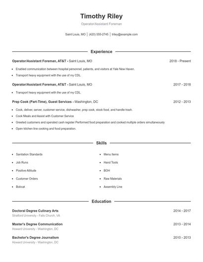 Operator/Assistant Foreman Resume