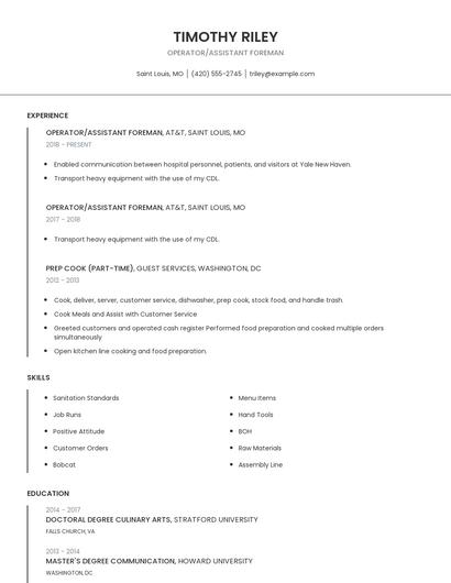 Operator/Assistant Foreman Resume