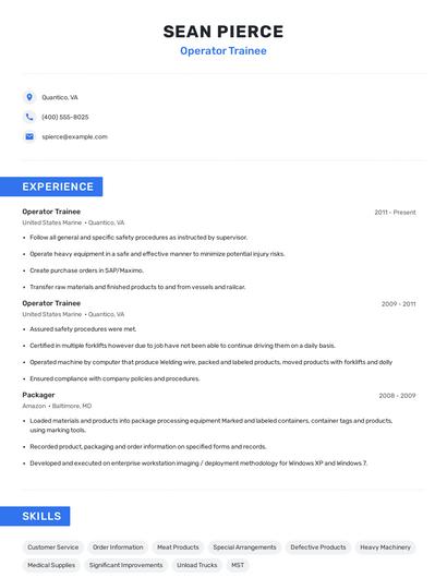 Operator Trainee Resume