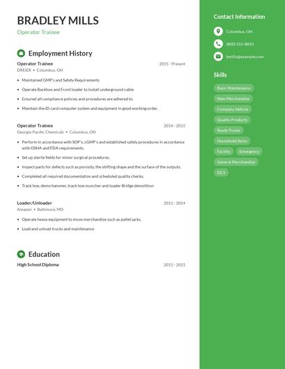 Operator Trainee Resume