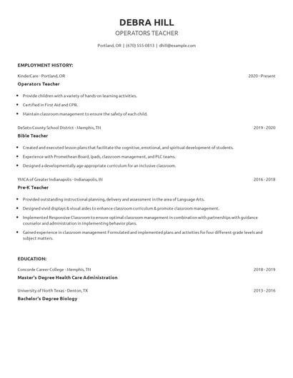 Operators Teacher Resume