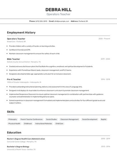 Operators Teacher Resume