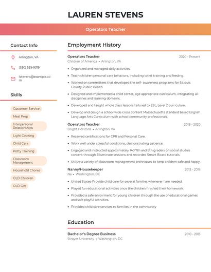 Operators Teacher Resume