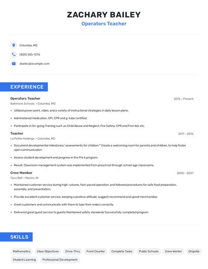 Operators Teacher Resume