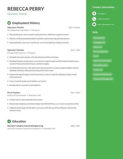 Operators Teacher Resume