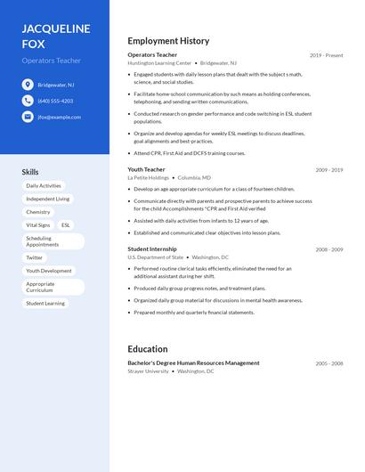 Operators Teacher Resume