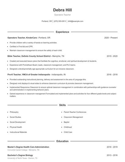 Operators Teacher Resume