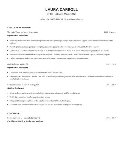 Ophthalmic Assistant Resume