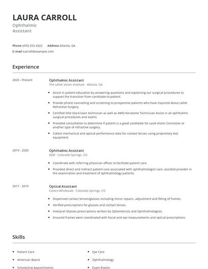Ophthalmic Assistant Resume