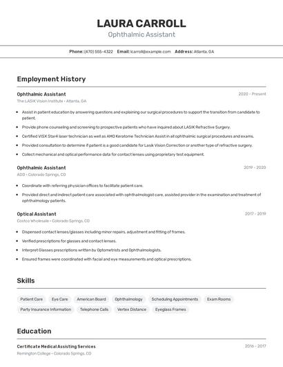 Ophthalmic Assistant Resume