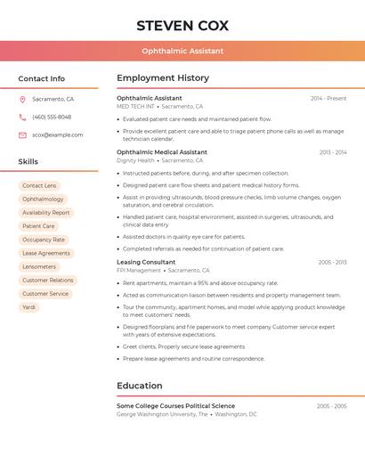 Ophthalmic Assistant Resume