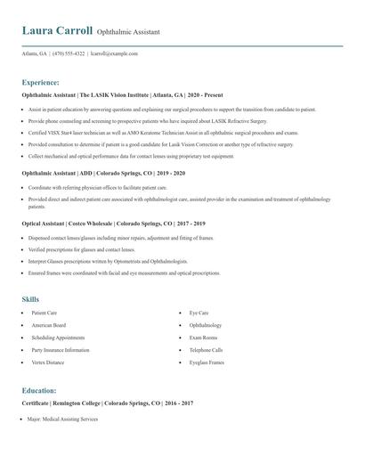 Ophthalmic Assistant Resume
