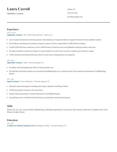 Ophthalmic Assistant Resume