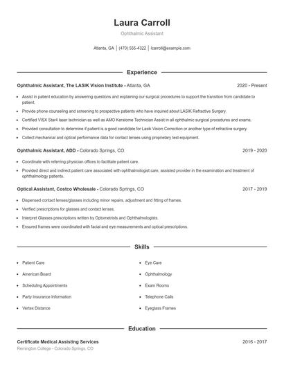 Ophthalmic Assistant Resume