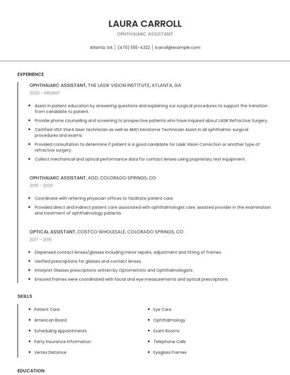 Ophthalmic Assistant Resume