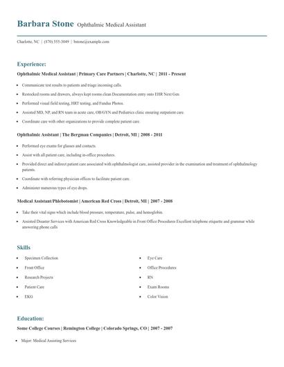 Ophthalmic Medical Assistant Resume