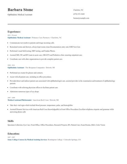 Ophthalmic Medical Assistant Resume