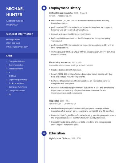Optical Glass Inspector Resume