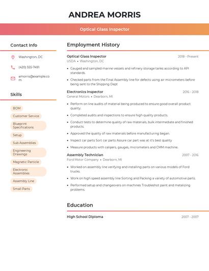 Optical Glass Inspector Resume