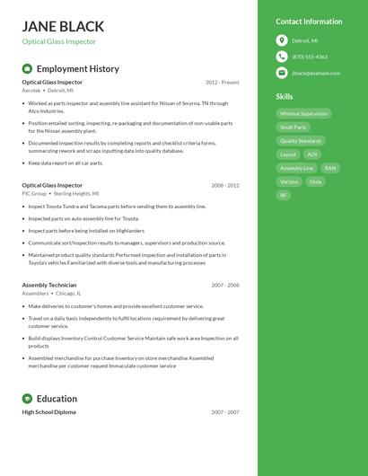 Optical Glass Inspector Resume